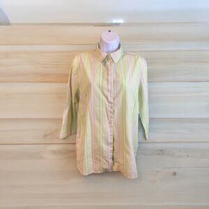 Allison Daley Womens Shirt Size 10 Green Stripe Button 3/4 Sleeve Preppy Cottage